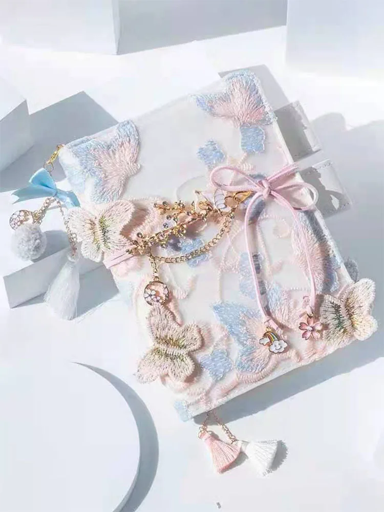 

Solid Embroidery Butterfly Notebook Tieback Scrapbook Fabric Cover A5 A6 Tassel Diary Romantic Girls Hardcover Moterm Journal