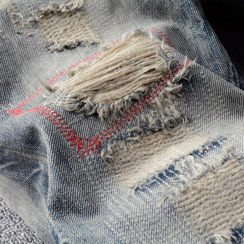American Street Fashion Men Jeans Retro Yellow Blue Slim Destroyed Ripped Jeans Men Embroidery Patch Designer Denim Punk Pants