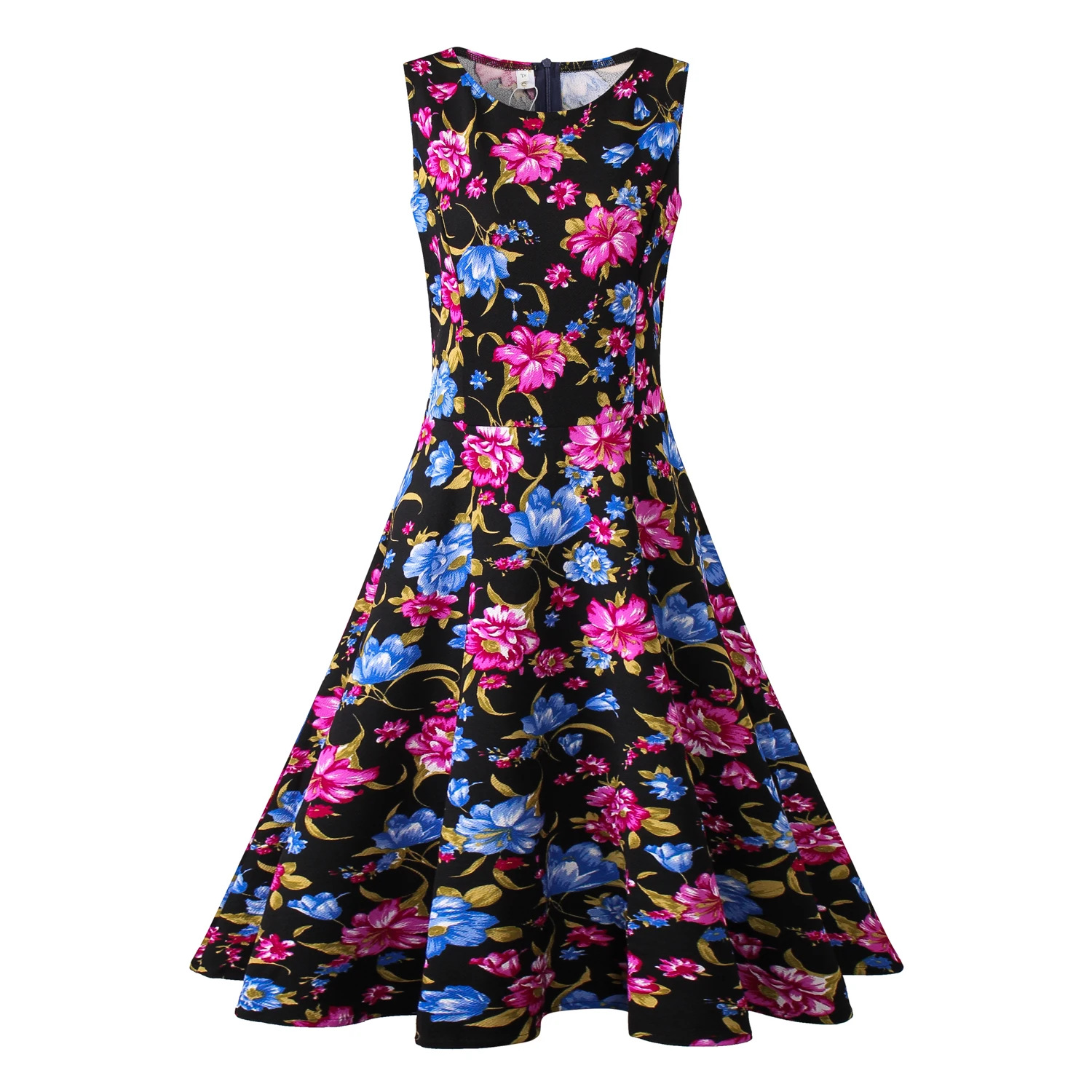 

New 2018 Women Fashion Floral Vintage Swing Dresses Summer Sleeveless Zipper long Dress Retro Party Dresses