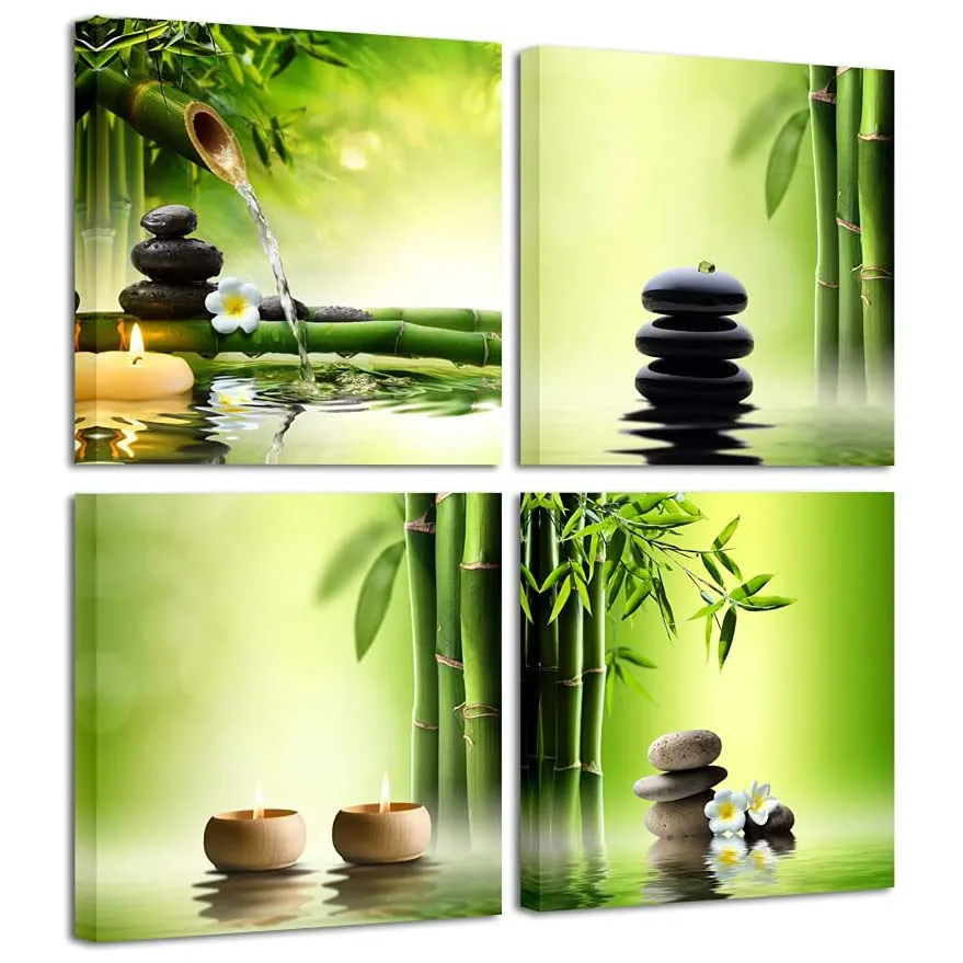 

4 Pieces Zen Stone Spa Green Bamboo Bathroom Posters Canvas Wall Art Pictures Home Decor Paintings for Living Room Decorations