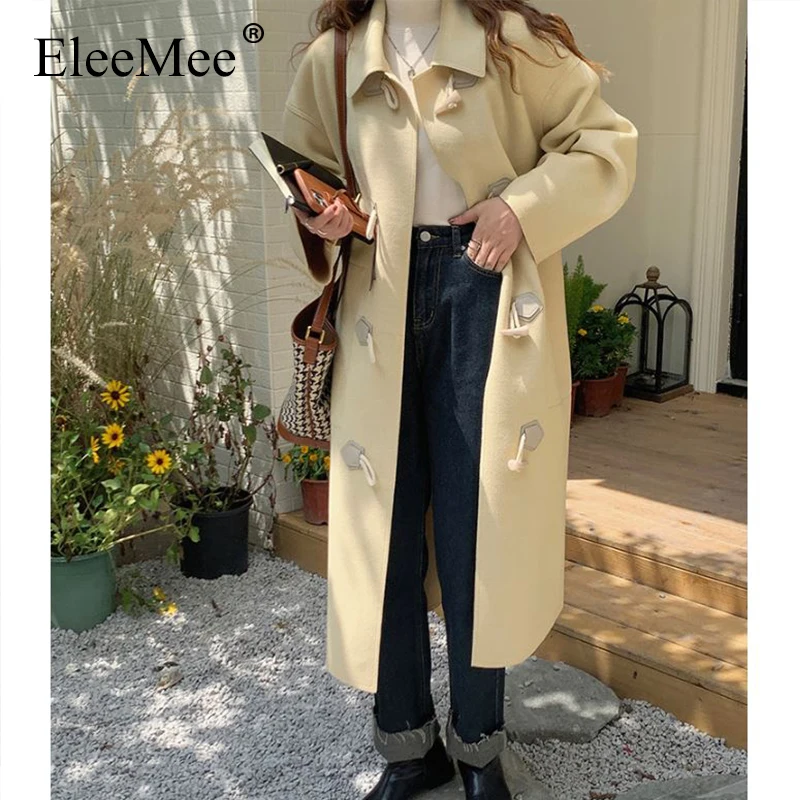 

EleeMee Woolen Coat Women Loose Long Horn Button 2022 Autumn And Winter Solid Color Jacket Fashion All-Match Overcoat Free Size