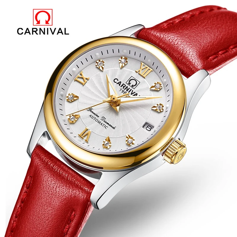 CARNIVAL Brand Luxury Ladies Watches Women Fashion Waterproof Sapphire Calendar Automatic Mechanical Wristwatch Relogio Feminino