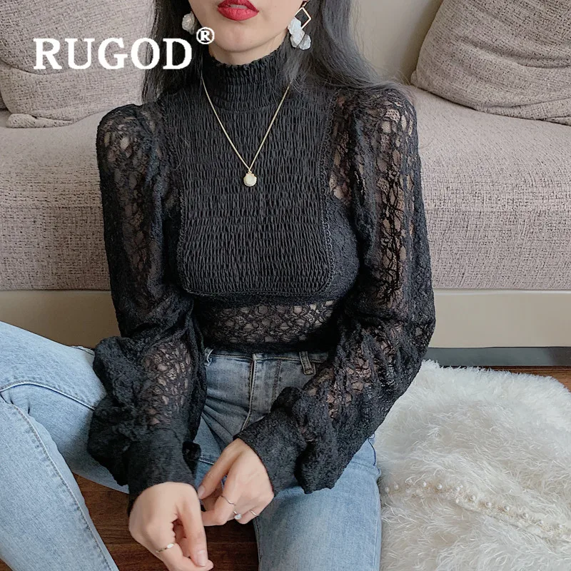 RUGOD кружевная блузка женские блузки с длинным рукавом элегантный топ корейская