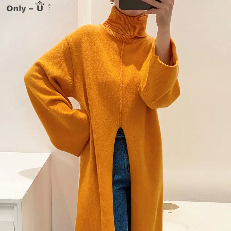 

Korean Chic All-Match Orange Turtleneck Warm Loose Design Split Mid-Length Knitted Dress Oversized Long Sleeve Pullover Top y983
