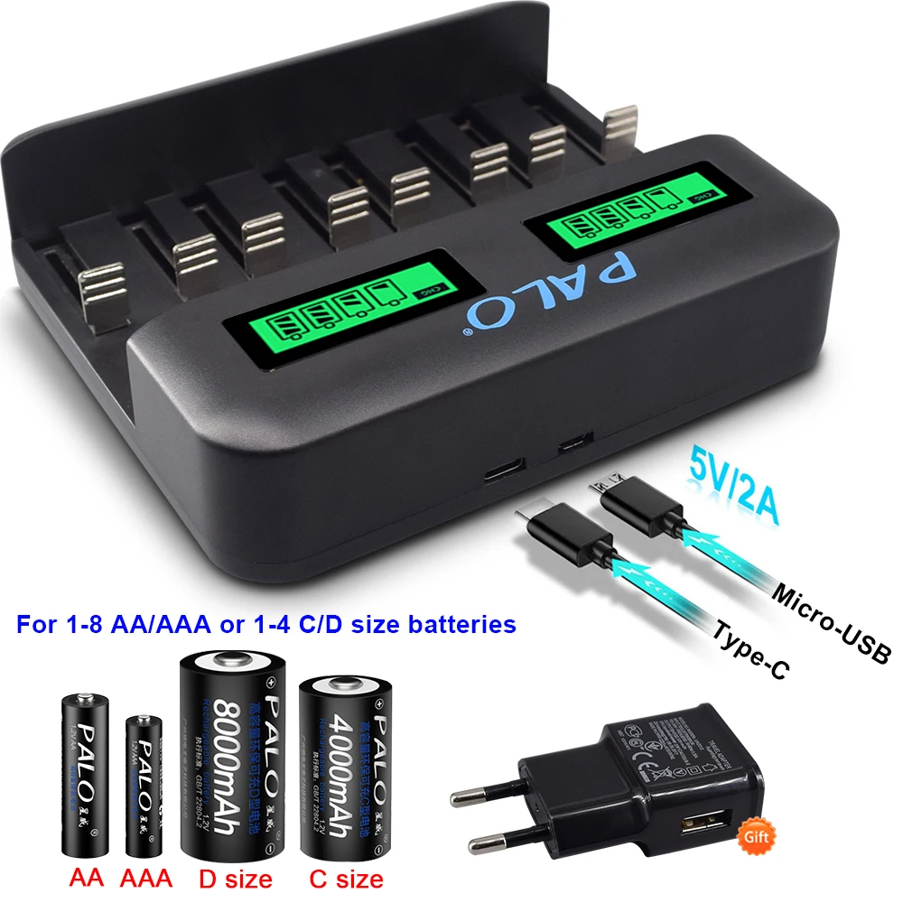 PALO 8 слотов ЖК дисплей USB Смарт зарядное устройство для AA AAA SC C D размер