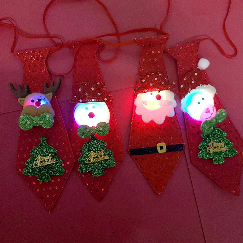 4pc LED Lights Christmas Tie Glow Sequins Santa Claus Bear Snowman Elk Necktie For Children Cartoon Decoration New Year Gift | Дом и сад