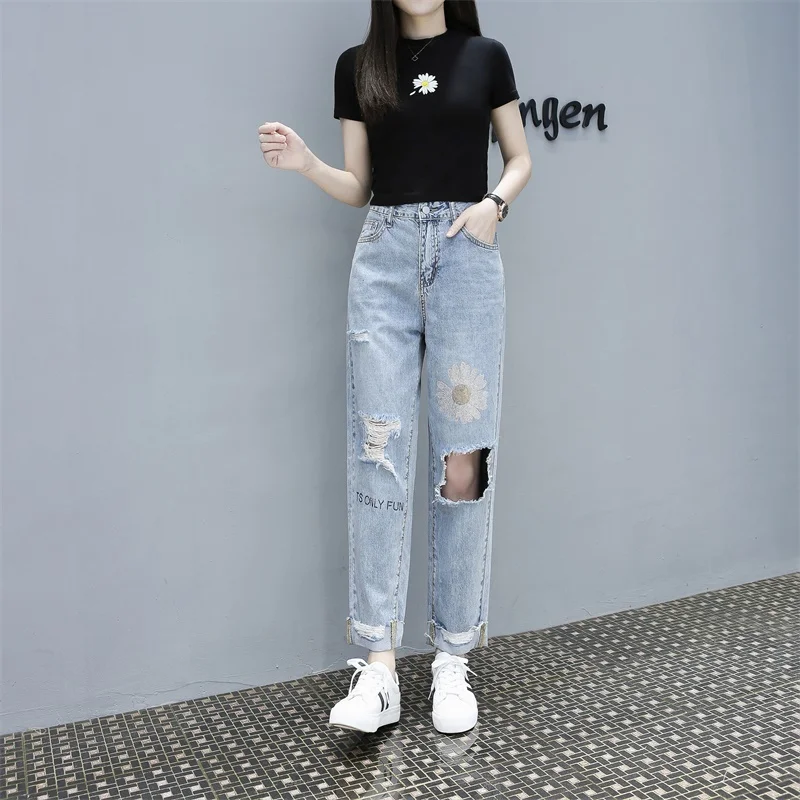 Модные шикарные женские брюки с цветочным принтом повседневные джинсы для