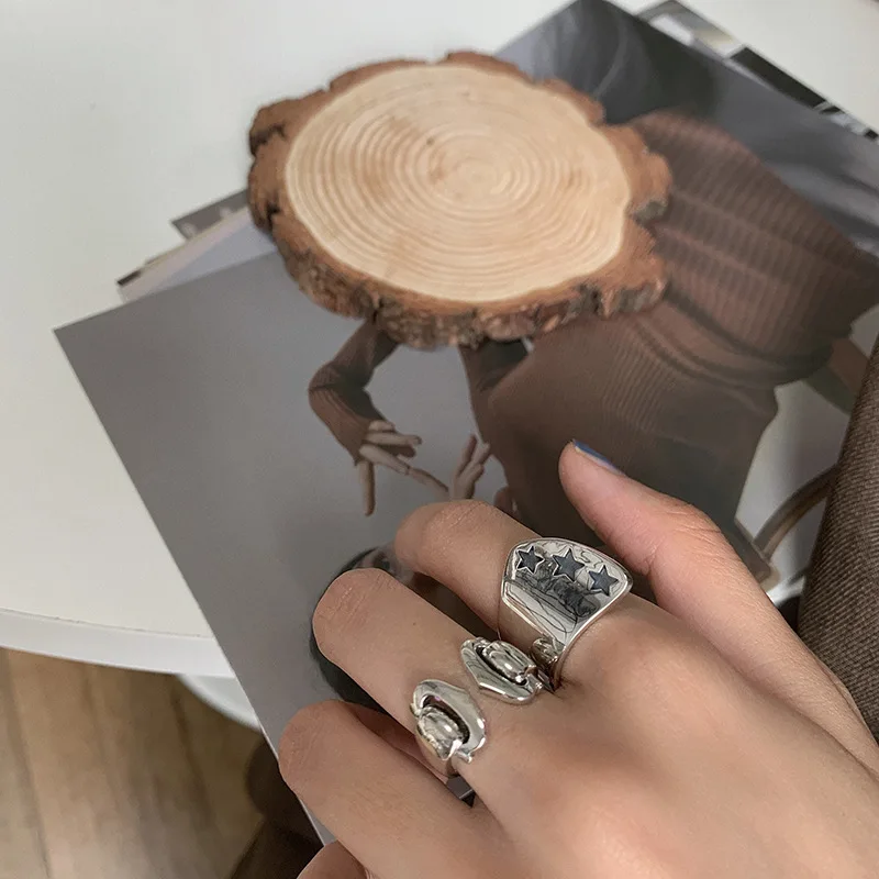 

MEYRROYU Sterling Silver Glossy Geometry Star Opening Width Ring INS Korea Style Fashion Jewelry Yкрашения 2021 бижутерия Party