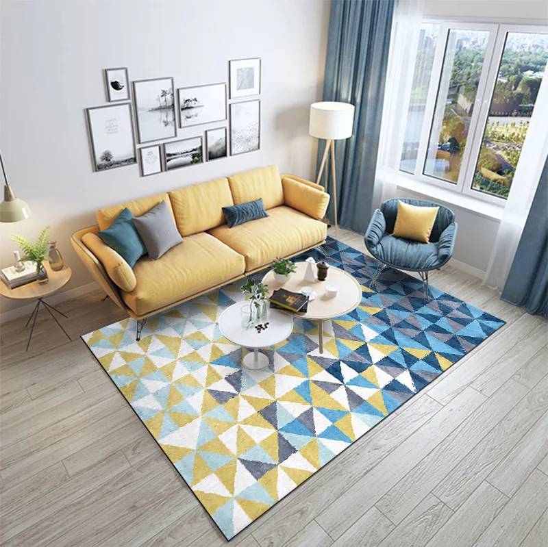 

Fashion Modern Nordic Geometry Blue Yellow Triangle Bedroom Living Room Crystal Velvet Foyer Mat Carpet CustomizationCustom Size