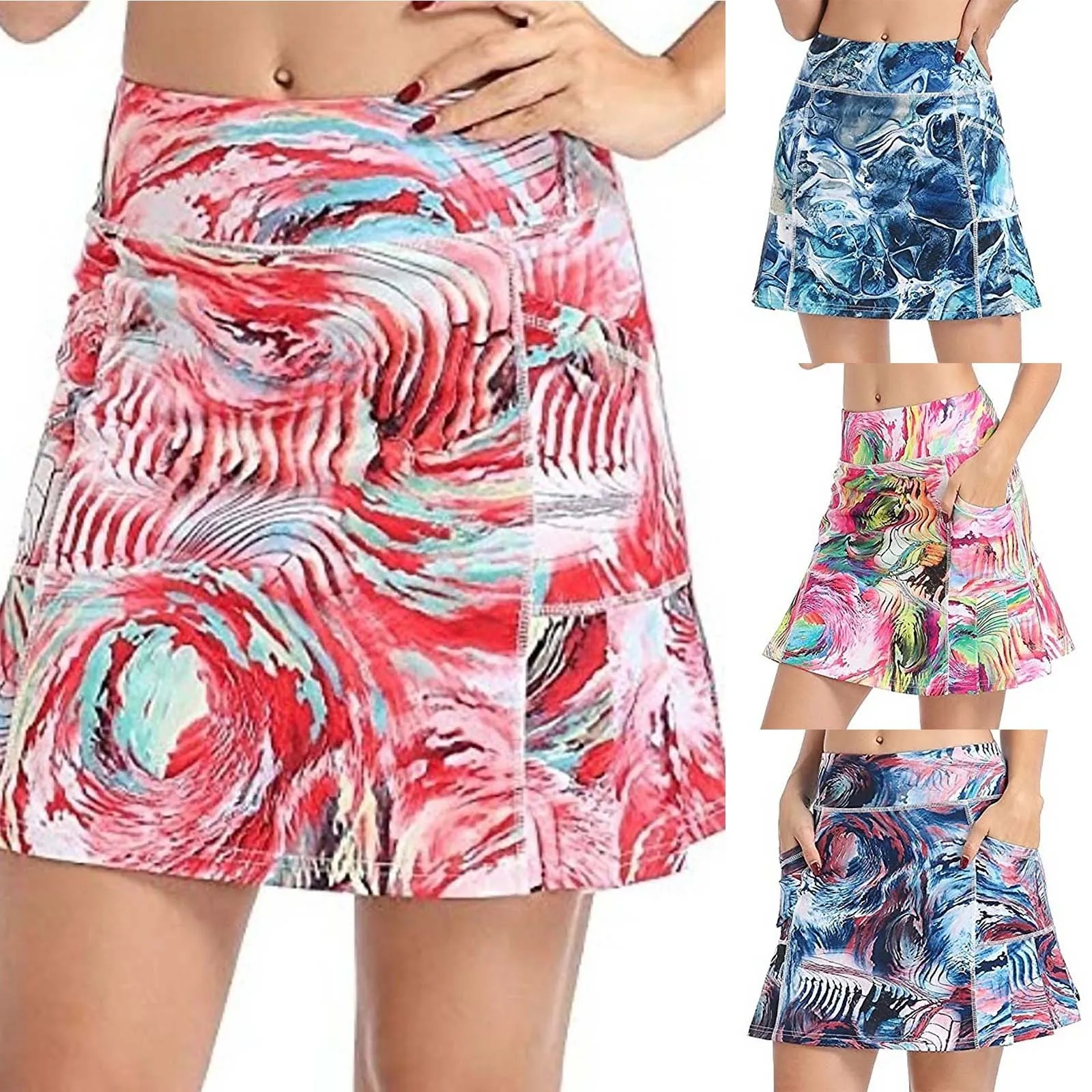 

COOEVERLY 2021 NEW Printed Skirt Women's Shorts Skirt Tennis Running Exercise High Waist Sports With Pockets Sport Style