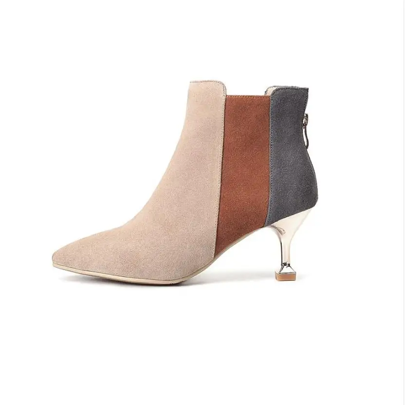 women shoes beige new winter pointy frosted ankle boots fashion monochrome heeled high-heeled Martin booties | Обувь