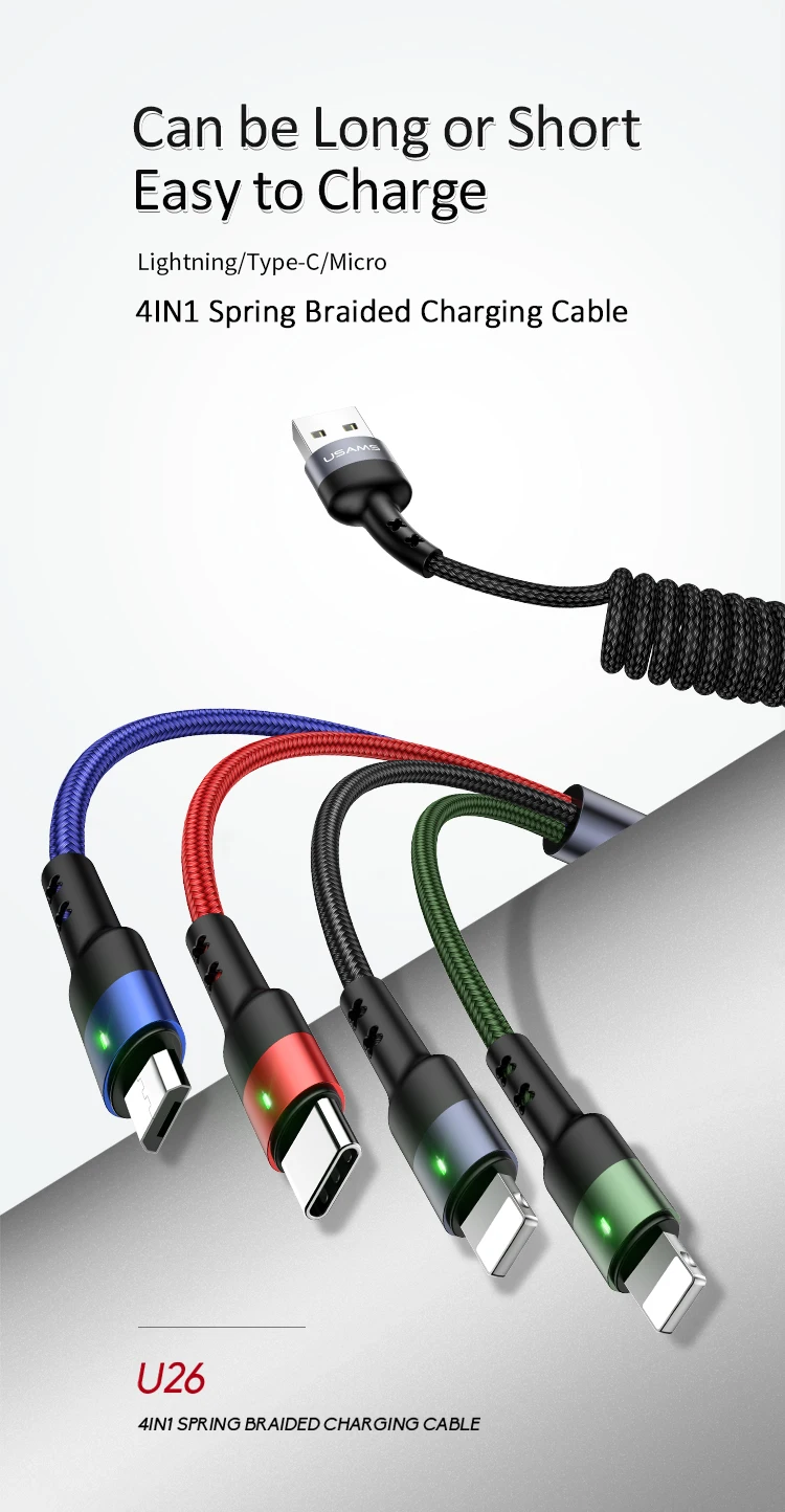 USAMS 4 в 1 мульти usb Кабель зарядного устройства для iPhone xs samsung huawei xiaomi линия зарядки для lightning micro usb type c кабель led