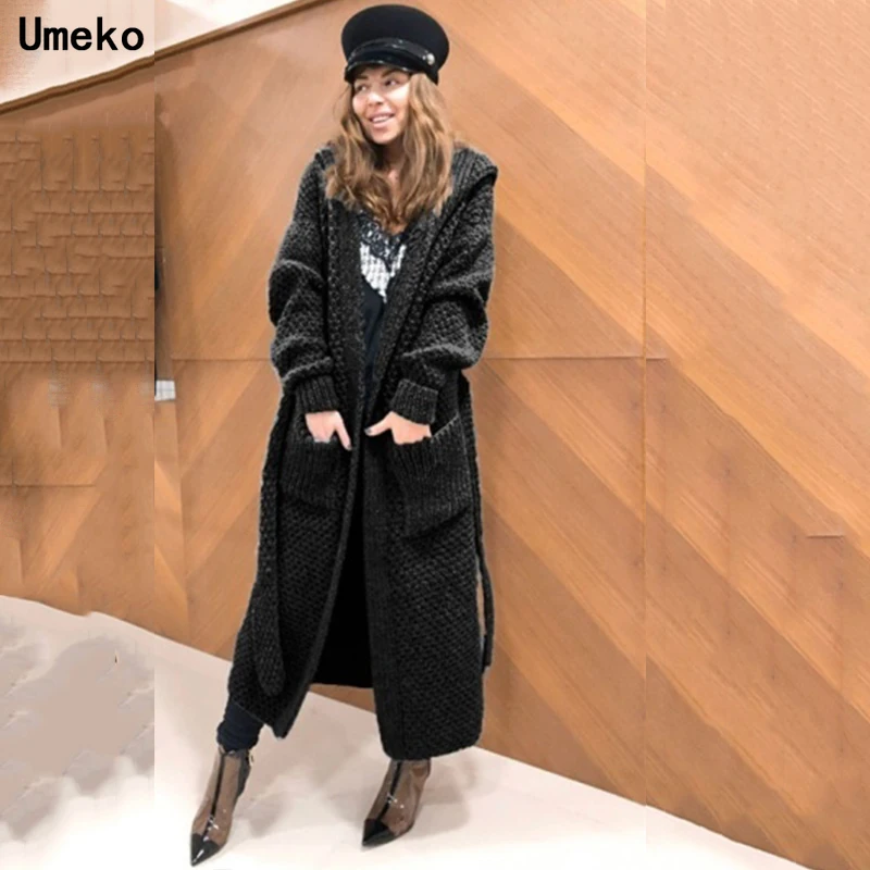 Umeko женский вязаный кардиган Зимний толстый теплый длинный кардиган с капюшоном Женский винтажный свитер с длинным рукавом Верхняя одежда Пальто