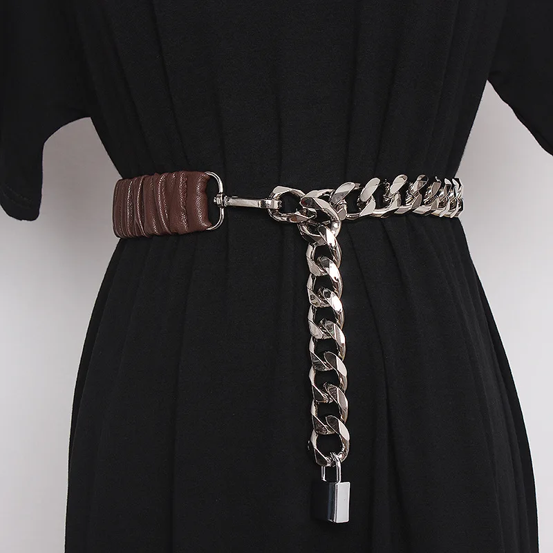 Fashion Personality Elastic Silver Chain Belt Ladies Dress Cummerbunds Stretch Corset Belts for Women Metal Silver Lock