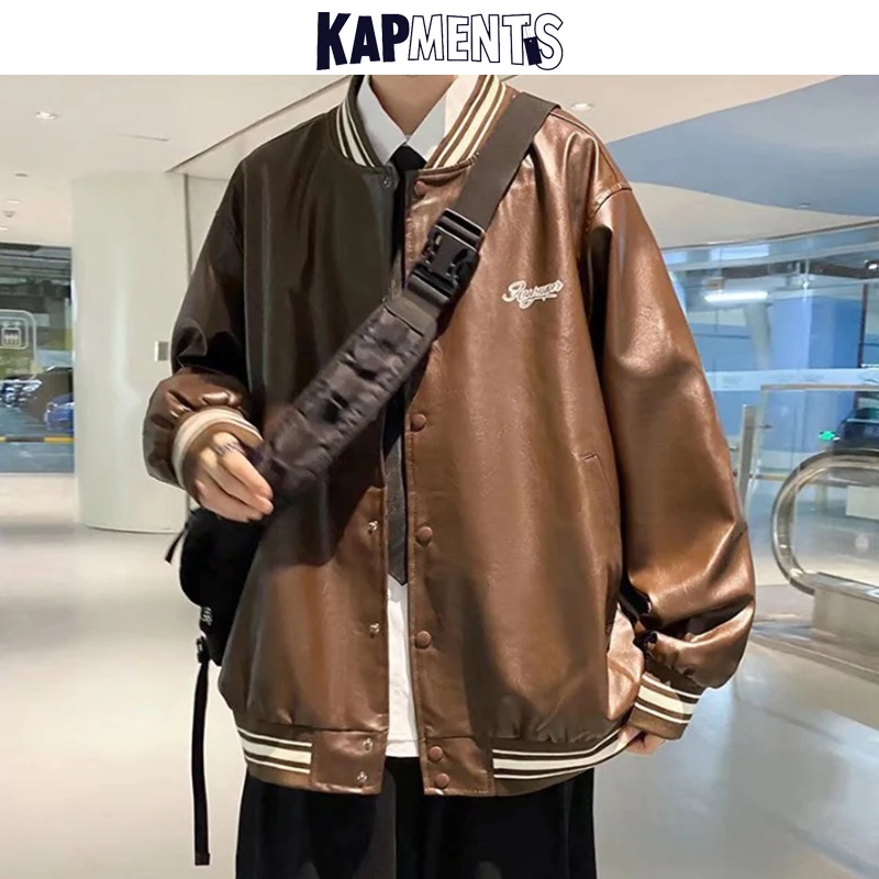 

KAPMENTS Men Winter PU Leather Letter Varsity Jacket 2022 Mens Harajuku Baseball Jacket Japanese Streetwear Causal Windbreaker