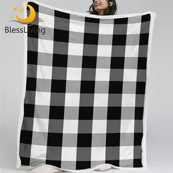 BlessLiving Tartan Throw Blanket Scottish Pattern Sherpa Blanket Chequered Soft Plush Bedspreads Black White Thin Quilt Dropship 1