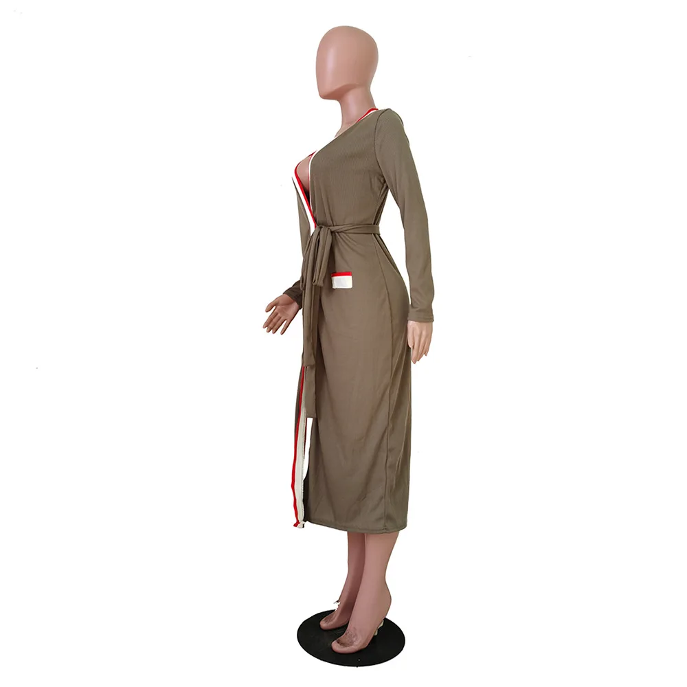 

Newest Women Long Sleeves Long Cardigans Autumn Winter Stripes Elegant Sash Lady Trench Coats Mid Calf Solid Coat 2020 Real