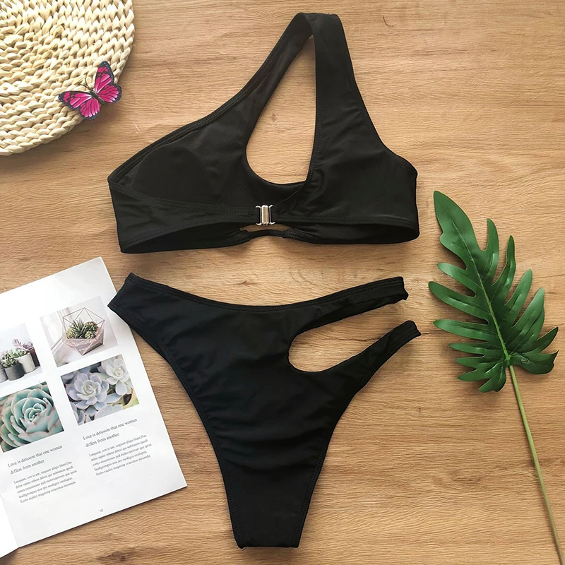 Женское асимметричное белое бикини черный купальник с высокой талией пляжная