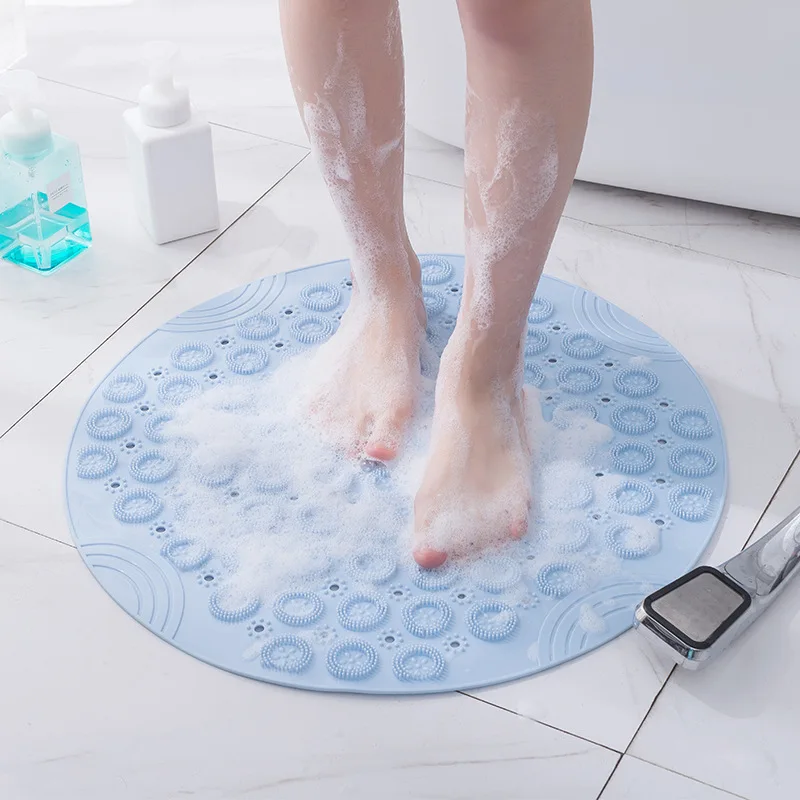 Blue Bathroom Mat Anti-slip Sucker Round Silicone Bathing Rugs Soft Shower Carpet Solid Color Foot Massage Pad Bathtub Bath Mat