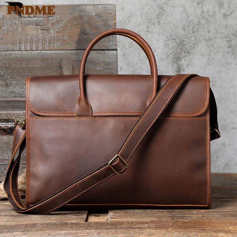 PNDME retro business simple crazy horse cowhide men's briefcase daily waterproof laptop bag genuine leather work shoulder bags