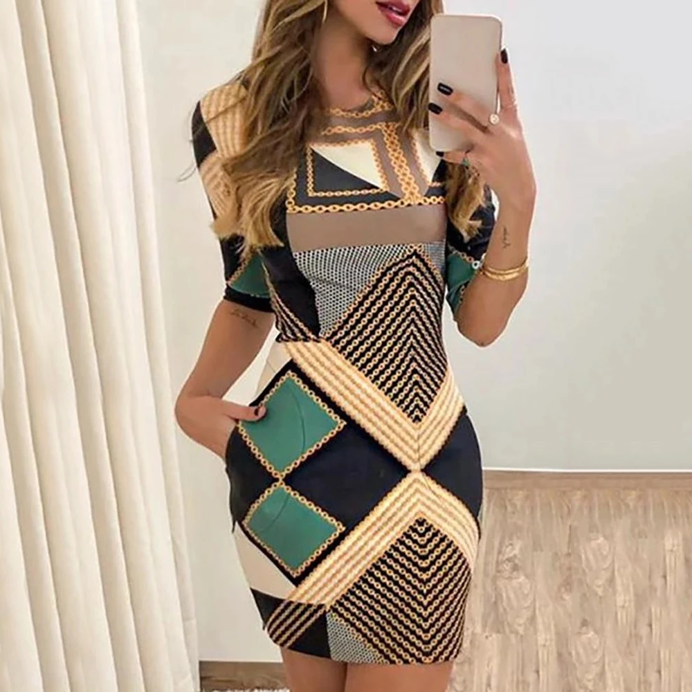 Женское облегающее платье футляр с геометрическим принтом элегантное вечернее