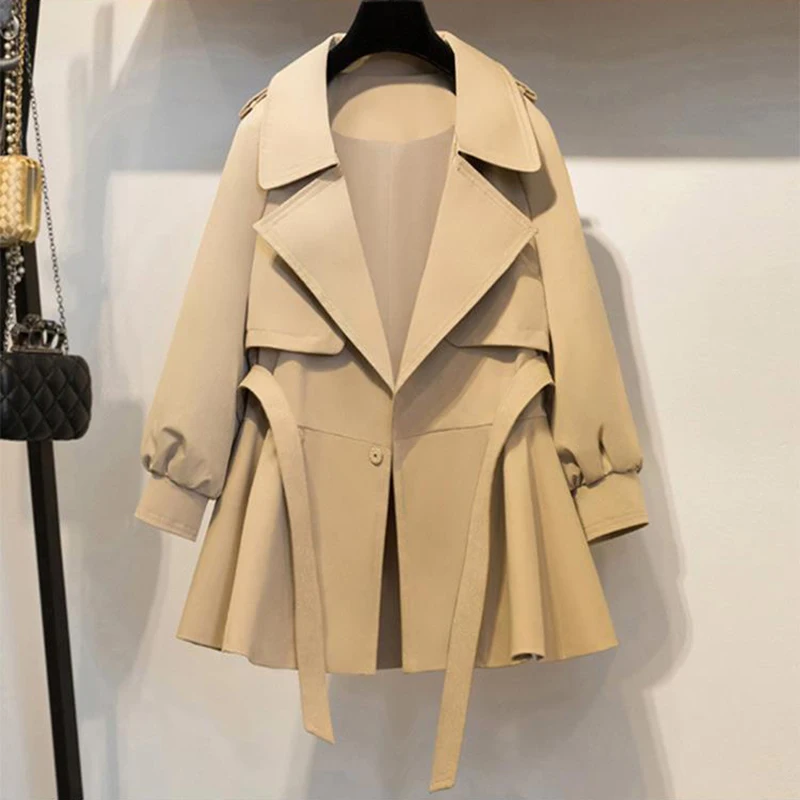 

Ruffle Hem Women Korean Trench Coat With Sashes Plus Size M-4Xl Casual Notched Collar Long Sleeve Windbreaker Streetwear Jacket