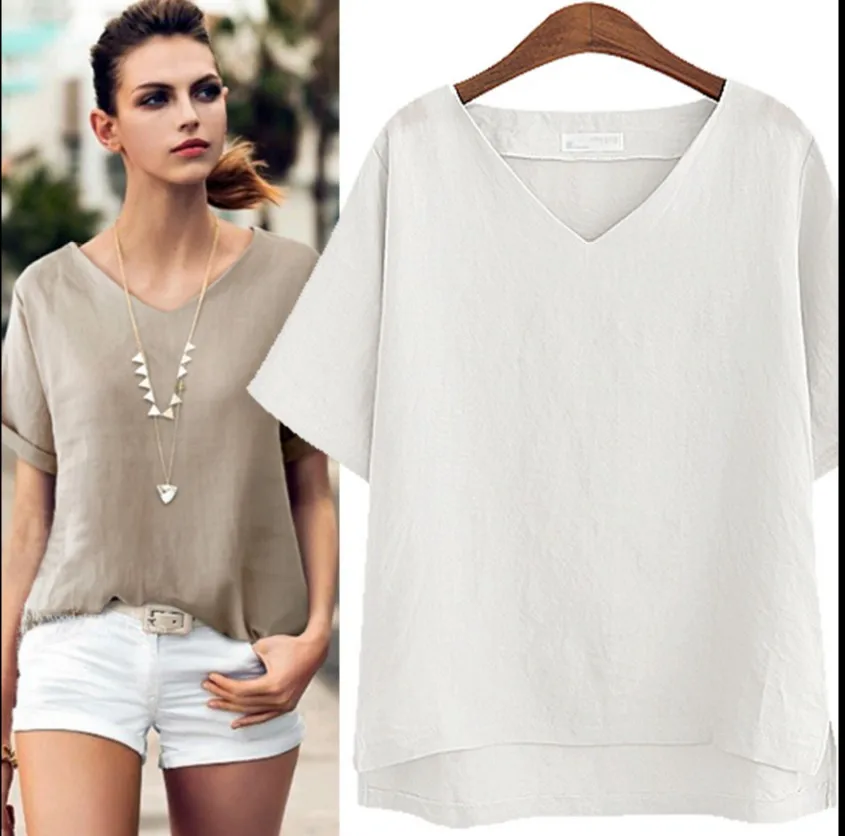 

Women Short Sleeves T-shirt Casual Loose Blouse Cotton Linen Tops V Neck Solid T-shirt