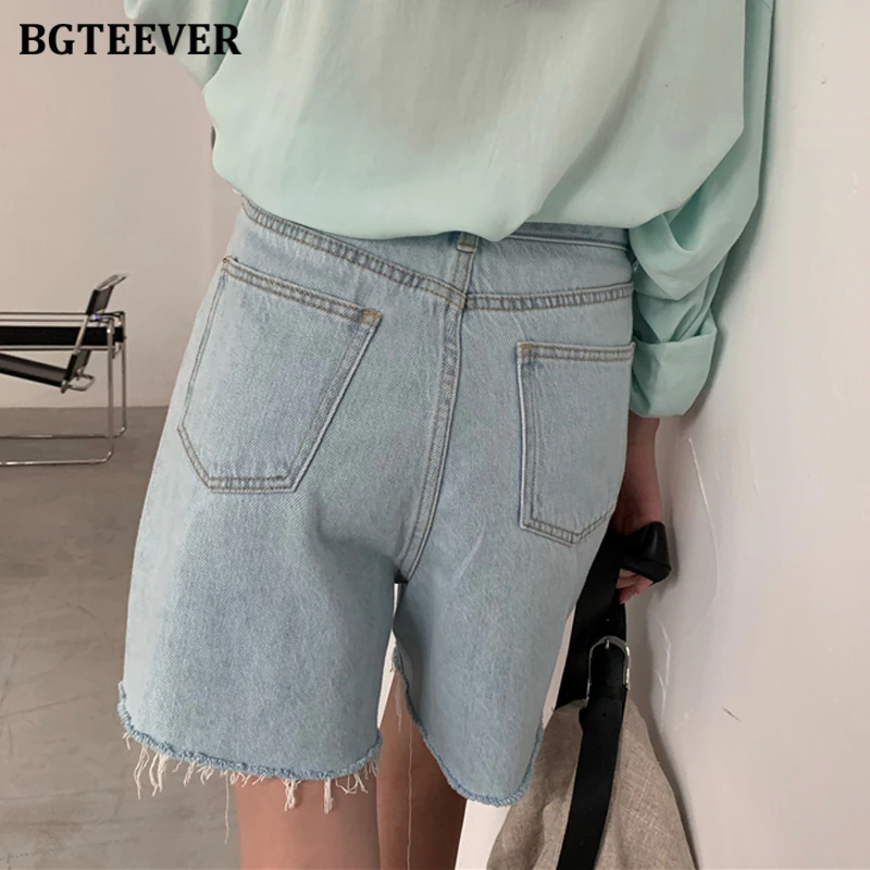 Женские джинсовые шорты BGTEEVER летние свободные с бахромой на подоле повседневный