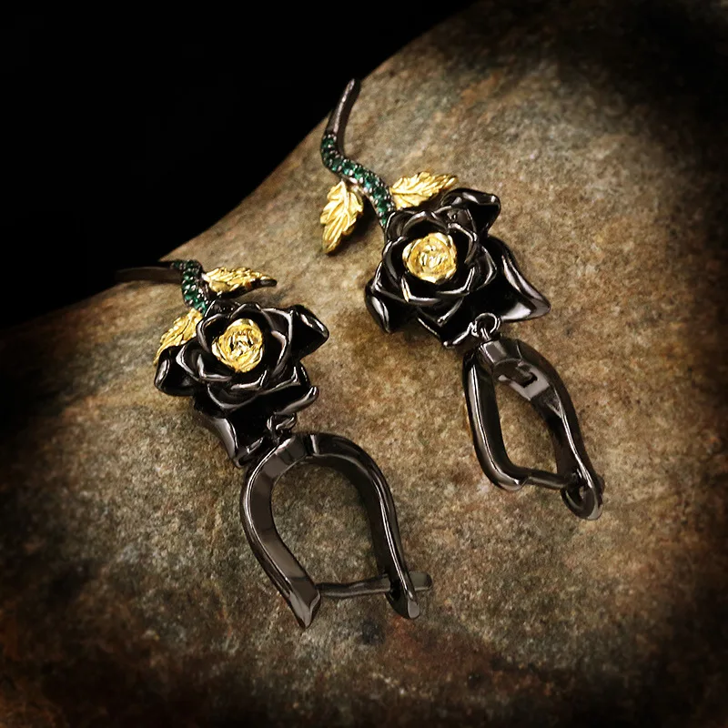

Ajojewel Women's Chinese Camellia Flower Drop Earrings Black Golden Vintage Jewelry Retro Gift Brincos