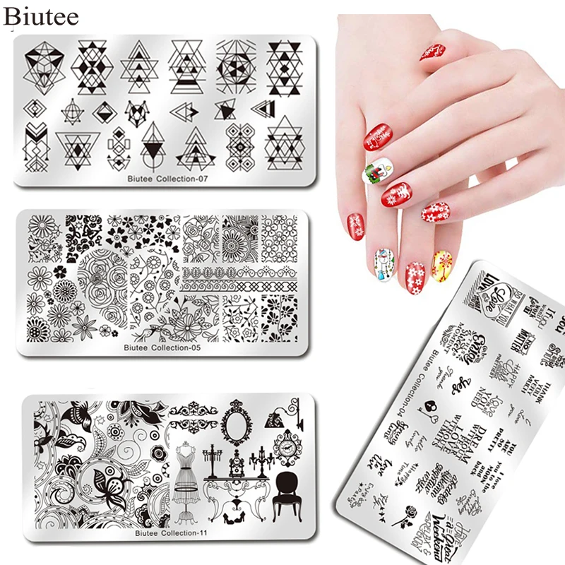 Пластины для стемпинга ногтей Biutee скребок шаблон цветы геометрические узоры