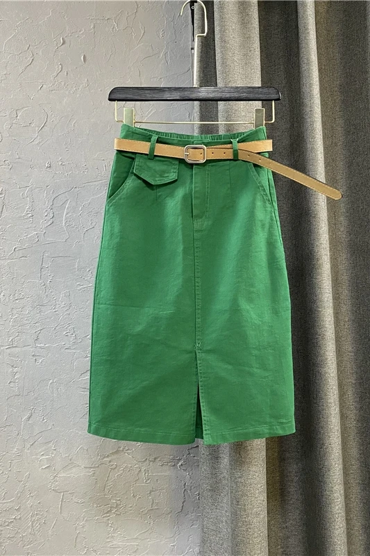 

2021 Summer High Waist Slimming Skirt Office Lady Sheath Long Skirt Women's Korean Green Denim Straight Dress