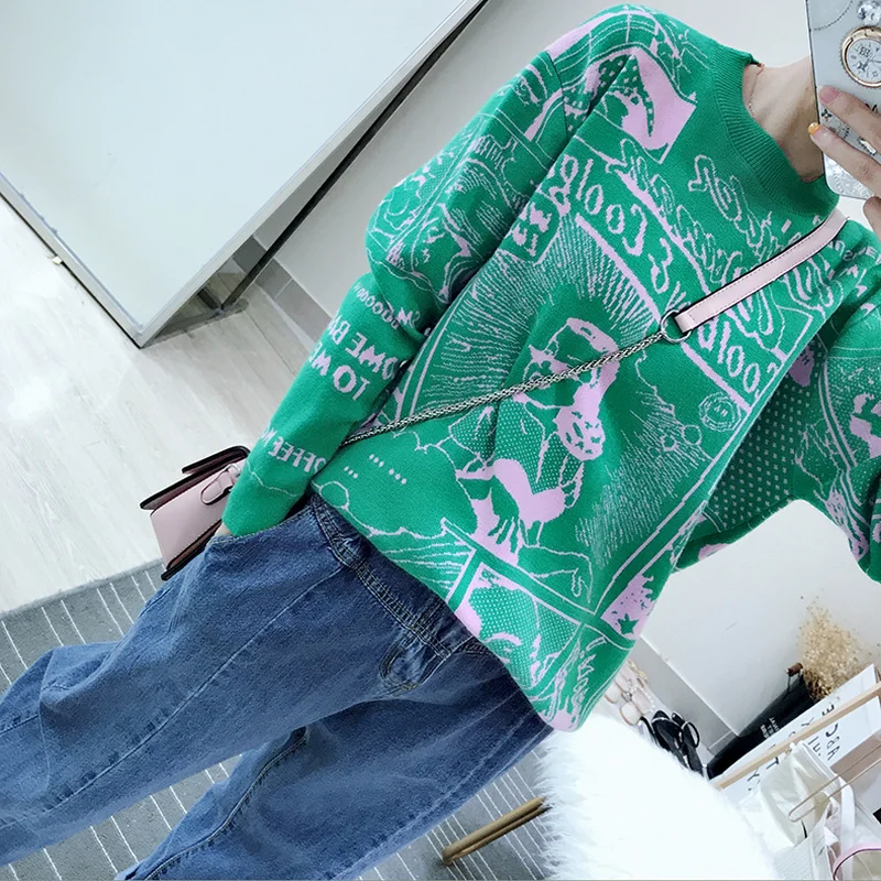 Woherb винтажный пуловер свитер Женский вязаный Топ с мультяшным принтом букв новая