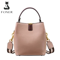 foxer cowhide bucket bag lady messenger bag round women high quality stylish handbag totes elegant female bag large capacity