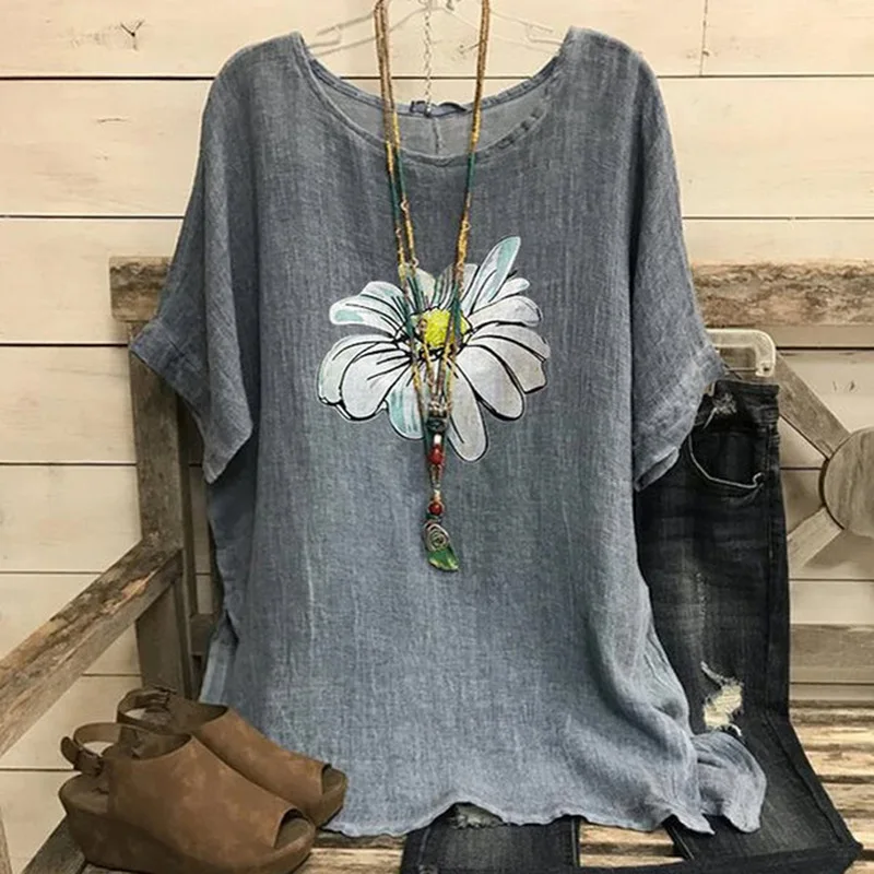 Блузка женская с круглым вырезом из хлопка и льна |