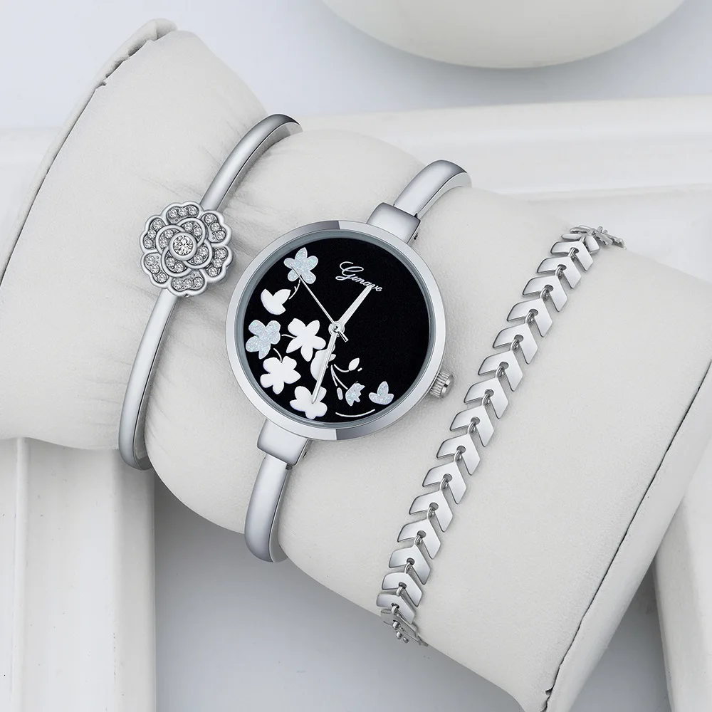 Золотые часы для женщин браслет 3 шт набор цветочный узор женские 2021 брендовые