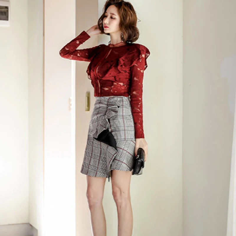 H Han Queen 2019 Winter Korean Style Sexy 2 Pieces Set Hollow Out Lace See Through Blouses And Grid Plaid Ruffles Bodycon Skirts |