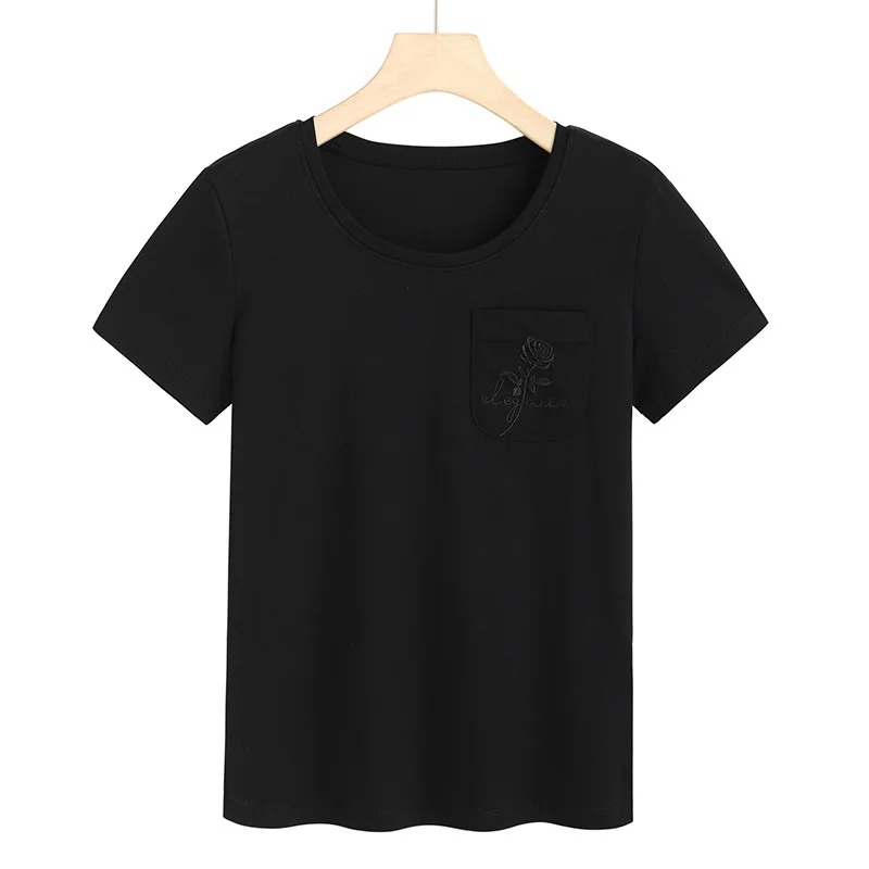 

2021 new spring and summer t-shirt female short sleeve 80 thread mercerized cotton round neck pocket embroidered rose tide 6905