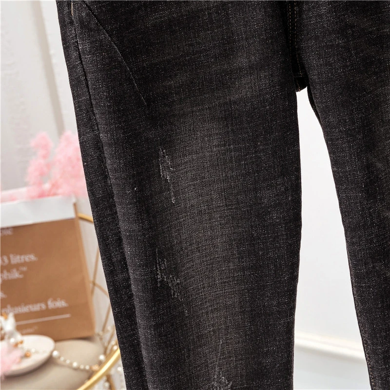 Женские джинсы с завышенной талией черные свободные эластичные брюки со