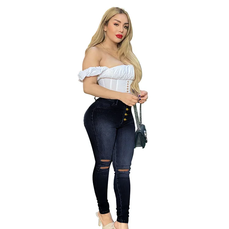 

FNOCE 2021 new spring women's ripped jeans pants fashion trends sexy elegatn solid high waist tight elasticity hole pencil pants