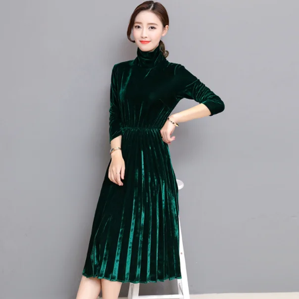 5XL женское зеленое черное бархатное платье зимнее с высоким воротом винтажное
