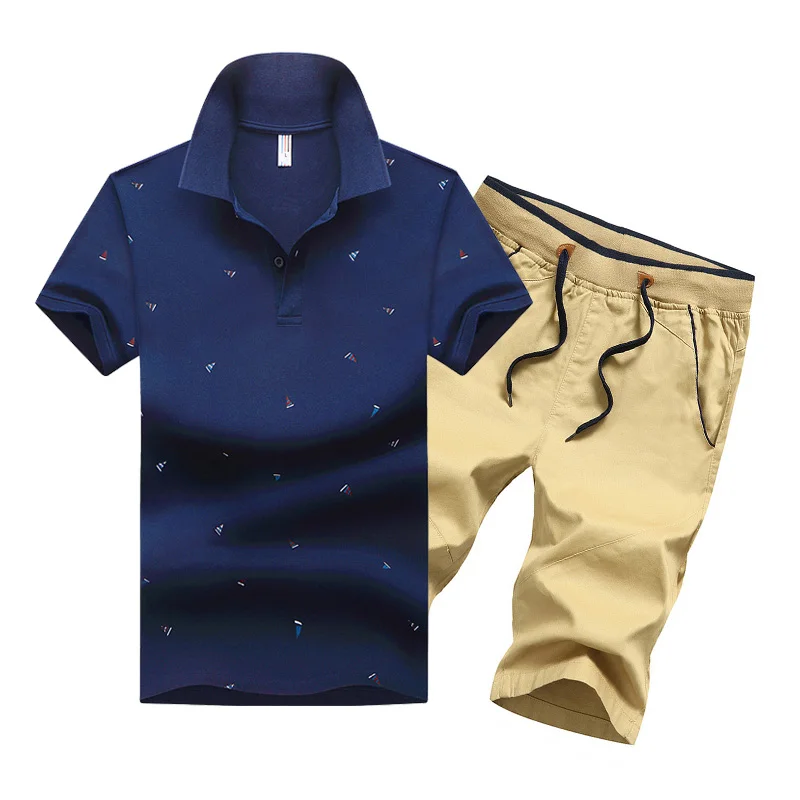 Blue Khaki FK082 Летняя мужская рубашка поло с коротким рукавом, поло в горошек+ шорты, мужской костюм из Джерси, дышащий комплект из 2 предметов, топ и шорты, спортивные костюмы для мужчин - Цвет: Blue Khaki FK082