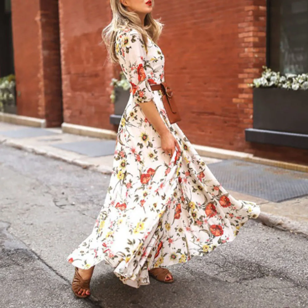 

New 2021 Western Style Summer Dress Women's Fashion Printing Bohemia High Waist Round Neck 7-point Sleeve Casual Vacation