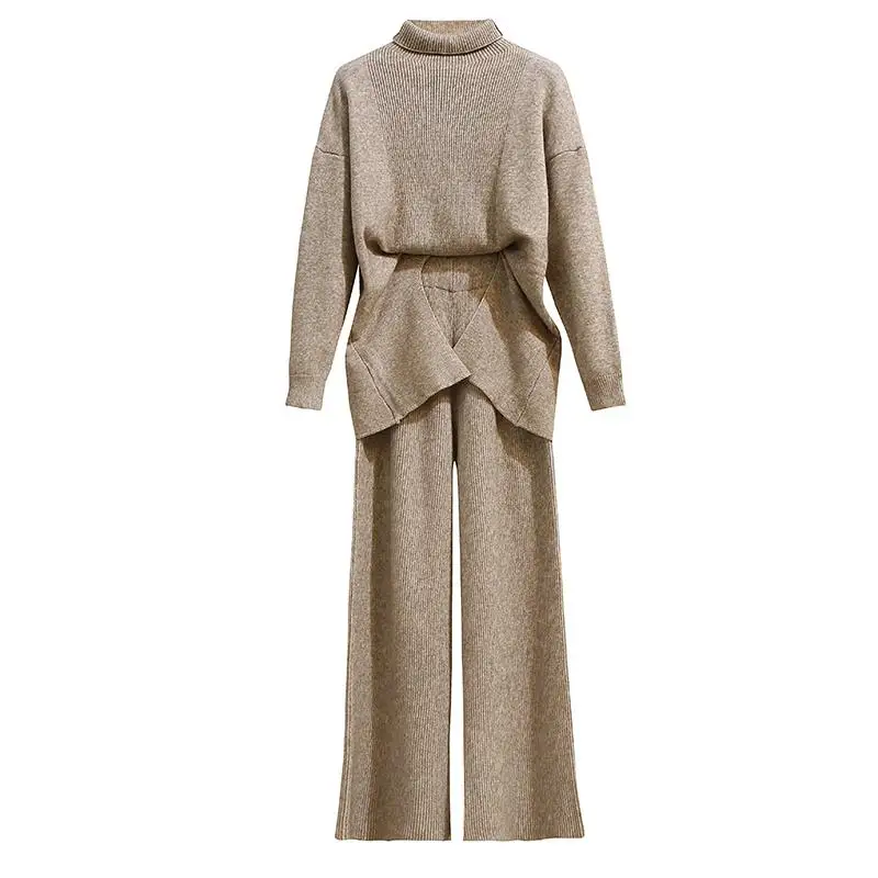 

Women 2020 Spring Autumn Long Sleeve Turtleneck Pullover Sweater+Pants 2 Piece Set Female Knitted Wide Leg Pants 2pcs Suit N324