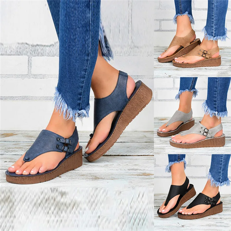 

Summer Women Strap Sandals Women's Flats Open Toe Solid Casual Shoes Rome Wedges Thong Sandals Sexy Ladies Shoes