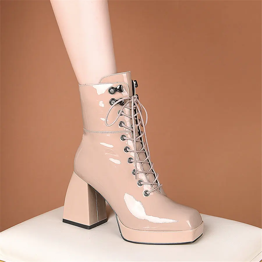

Lace Up Winter Creepers Women Genuine Leather Chunky High Heels Motorcycle Boots Female High Top Square Toe Platform Pumps Shoes