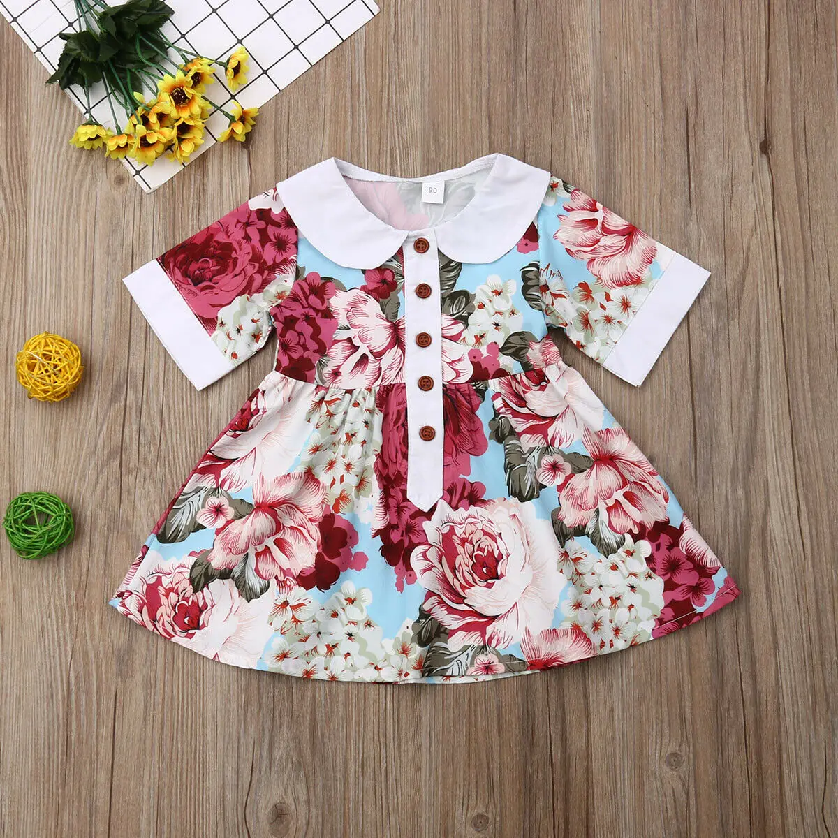 Милое платье с цветочным принтом и воротником Питер Пэн для маленьких девочек