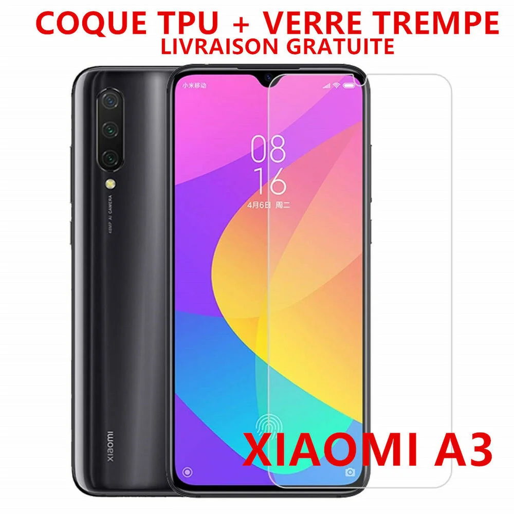 

Vitre film protection verre tremp cran Xiaomi Mi A3 + Coque Silicone