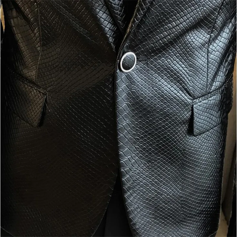 

Single buckle PU leather pure black slim suit jacket fashion men's business casual leather jacket dance party mens Korean blazer