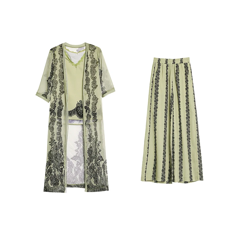 

Fashion Women's Suit Spring/Summer 2021 New Printed Cardigan Overlay + Vest Top + Three-piece Printed Wide Leg Pants