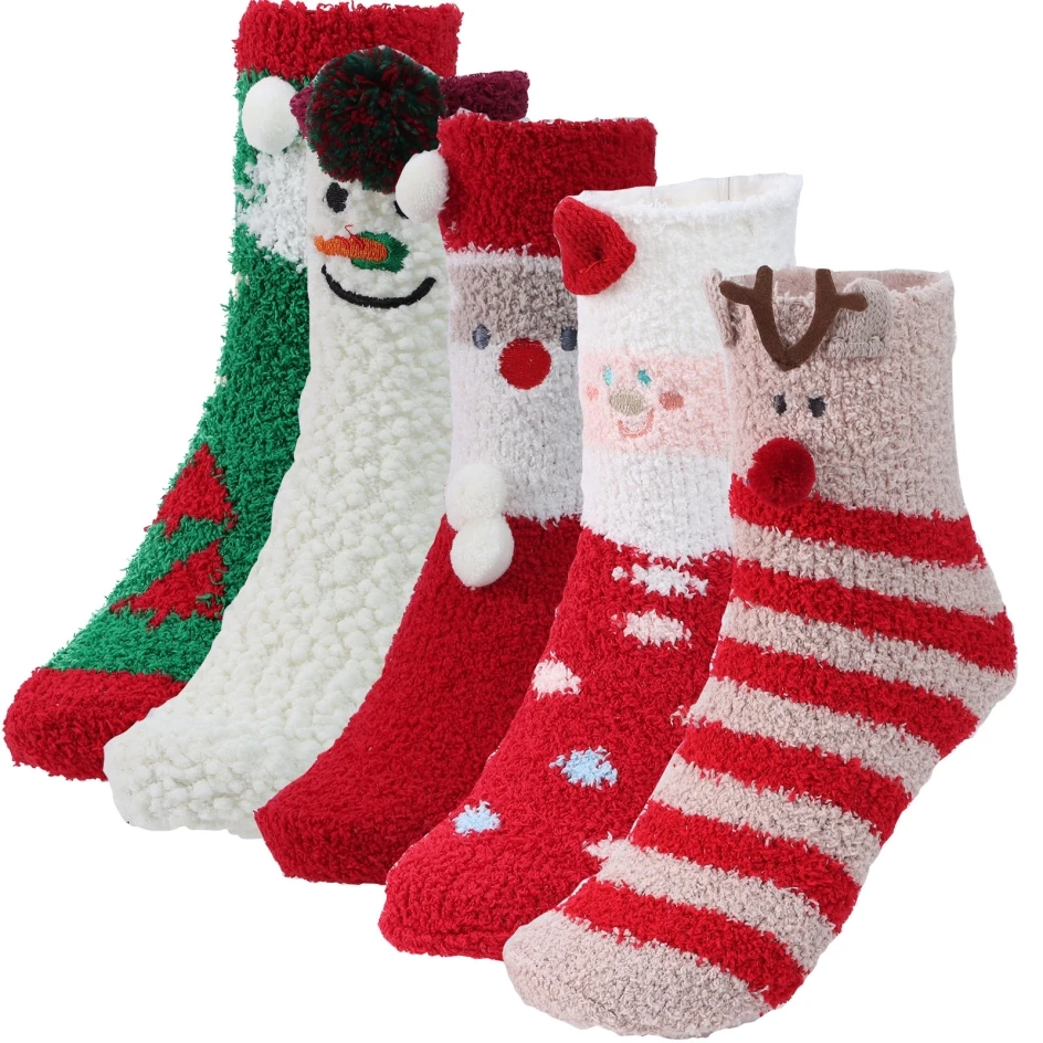 

5 Pairs Womens Coral Christmas Socks Christmas Fuzzy Socks Christmas Decorations Home Decorations